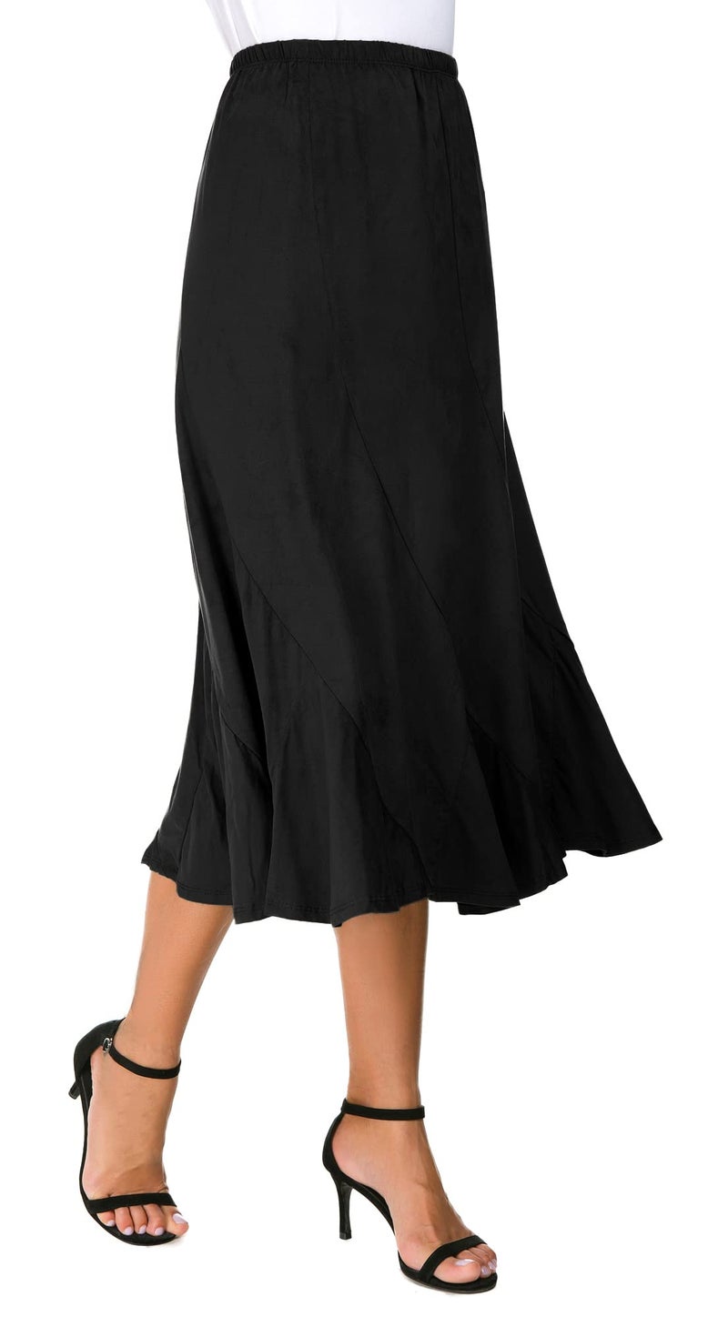EXCHIC Women's Elegant Ankle Length Ruffle Hem Elastic Waist Suede Midi Skirt (M, Black) - Image 2